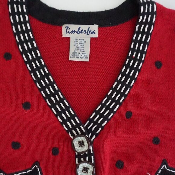 Vintage Timber Lea Red Black Embroidered Cats Knit Button Up Cardigan S - Picture 9 of 9